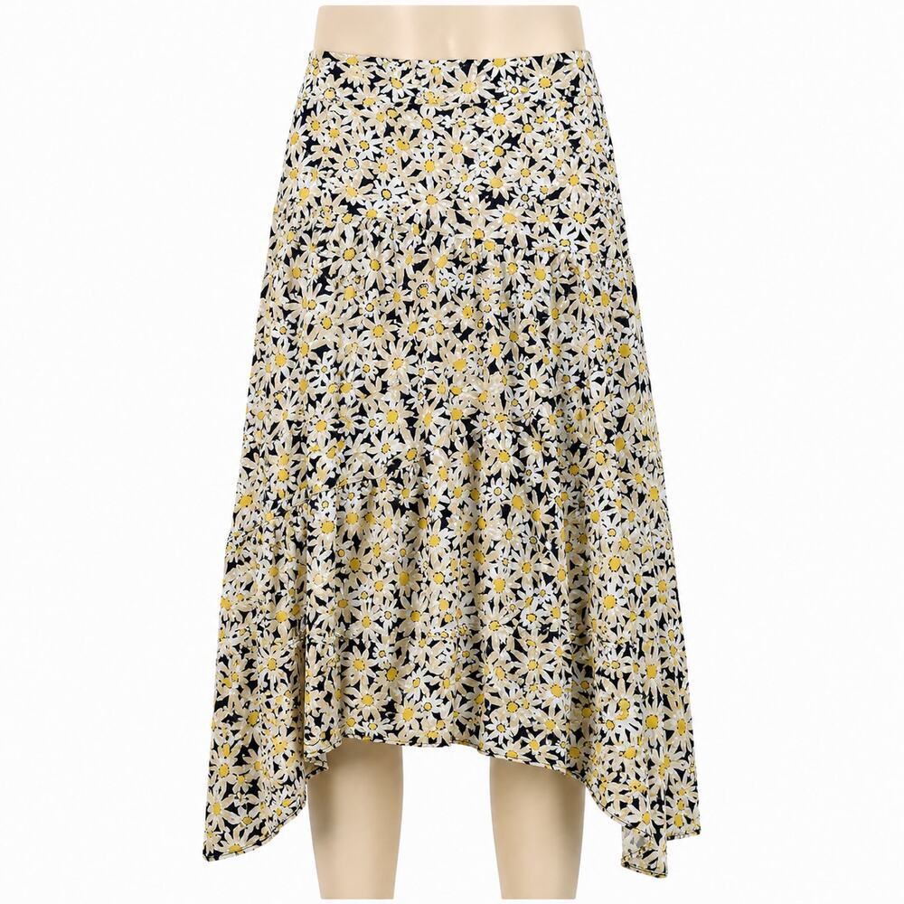 Topshop Daisy Floral Tiered Midi Skirt Women's US 6 Black White Yellow Flowy